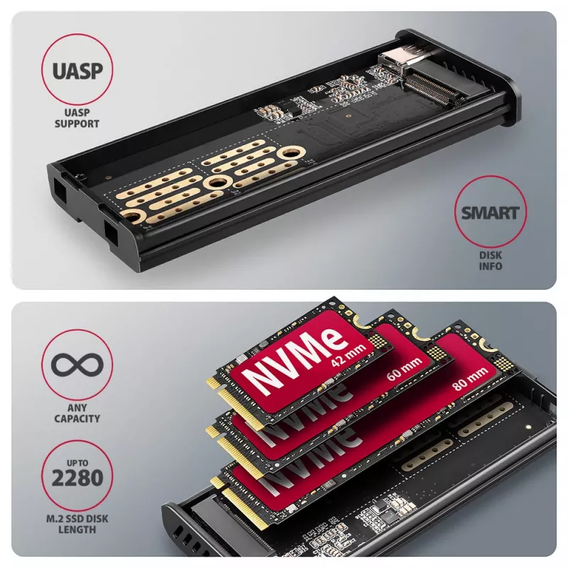Axagon EEM2-SD2 USB-C 10Gbps – išorinė M.2 NVMe ir SATA SSD dėžutė su ekranu