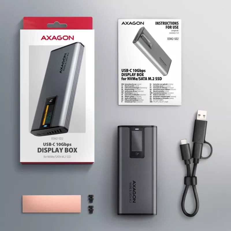 Axagon EEM2-SD2 USB-C 10Gbps – išorinė M.2 NVMe ir SATA SSD dėžutė su ekranu