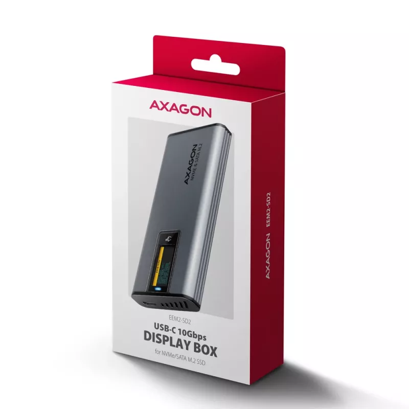 Axagon EEM2-SD2 USB-C 10Gbps – išorinė M.2 NVMe ir SATA SSD dėžutė su ekranu