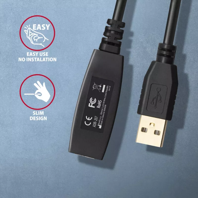 Axagon ADR-207 aktyvus USB 2.0 ilginimo kabelis 7,5 m juodas