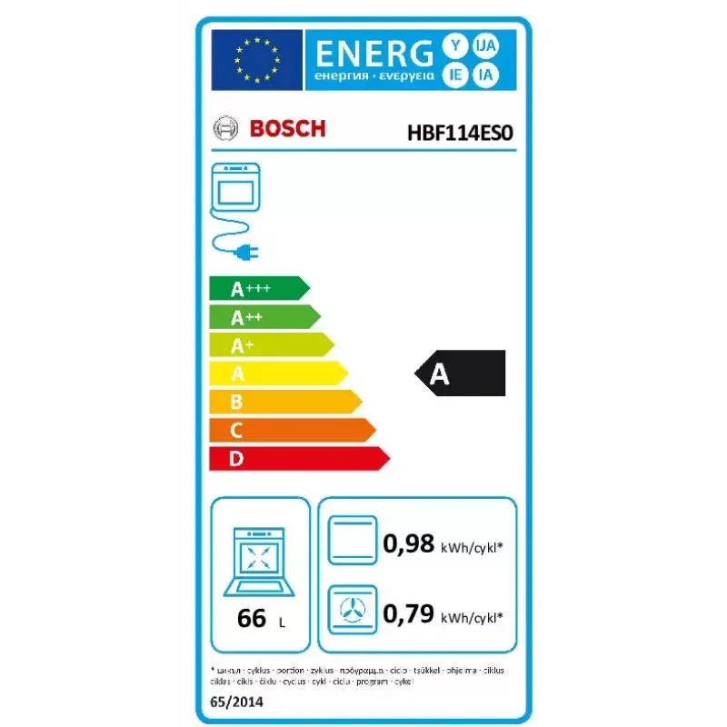 Įmontuojama elektrinė orkaitė Bosch Serie 2 HBF114ES0 — 66 l, nerūdijantis plienas, liečiamasis + sukamas valdymas, 7 programos, grilis, konvekcija, 50–275 °C