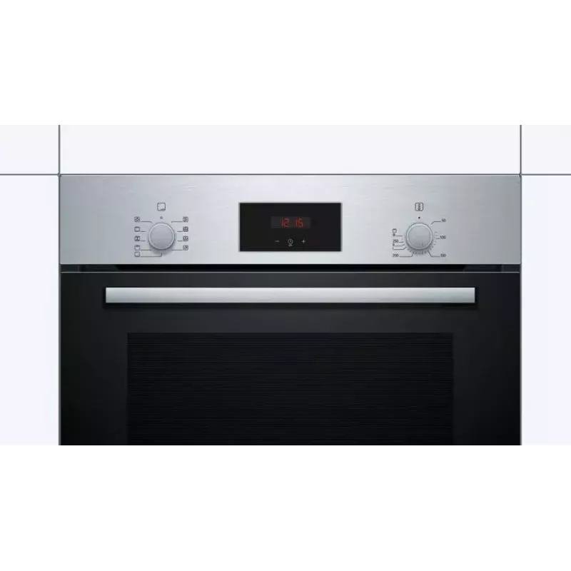 Įmontuojama elektrinė orkaitė Bosch Serie 2 HBF114ES0 — 66 l, nerūdijantis plienas, liečiamasis + sukamas valdymas, 7 programos, grilis, konvekcija, 50–275 °C
