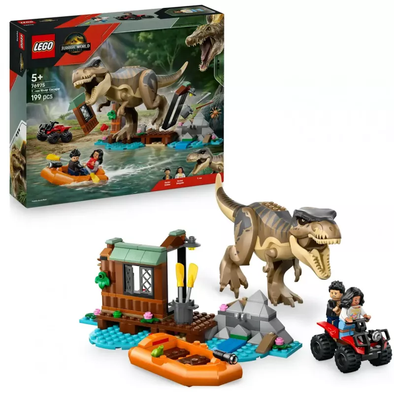 LEGO dinozaurų konstravimo rinkinys T. rex River Escape 76975 — 199 dalių, 2 minifigūrėlės, nuo 5 metų