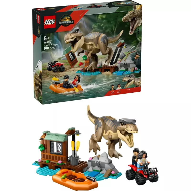 LEGO dinozaurų konstravimo rinkinys T. rex River Escape 76975 — 199 dalių, 2 minifigūrėlės, nuo 5 metų