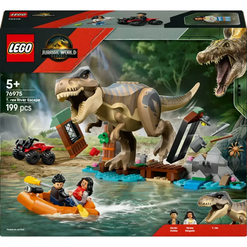 LEGO dinozaurų konstravimo rinkinys T. rex River Escape 76975 — 199 dalių, 2 minifigūrėlės, nuo 5 metų