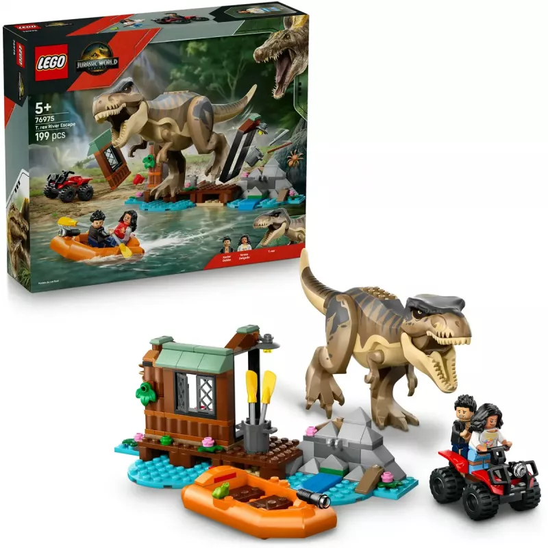 LEGO dinozaurų konstravimo rinkinys T. rex River Escape 76975 — 199 dalių, 2 minifigūrėlės, nuo 5 metų