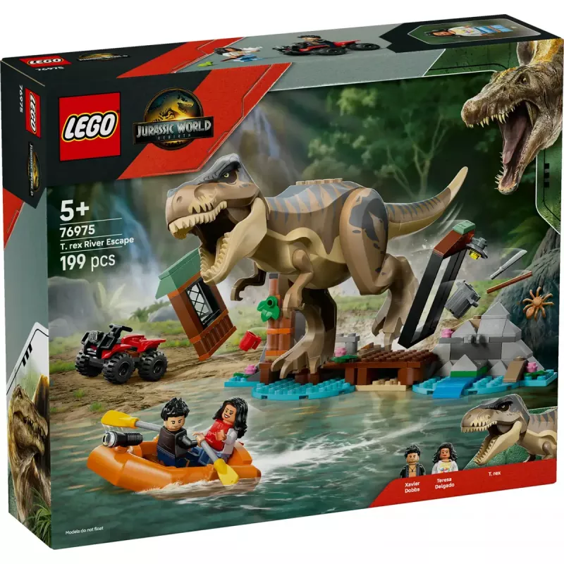 LEGO dinozaurų konstravimo rinkinys T. rex River Escape 76975 — 199 dalių, 2 minifigūrėlės, nuo 5 metų