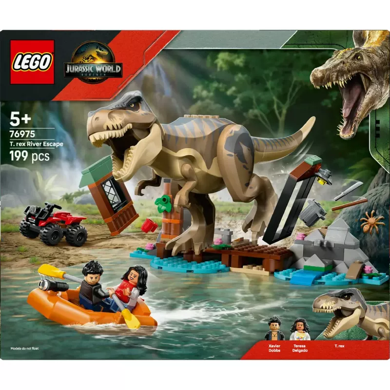 LEGO dinozaurų konstravimo rinkinys T. rex River Escape 76975 — 199 dalių, 2 minifigūrėlės, nuo 5 metų