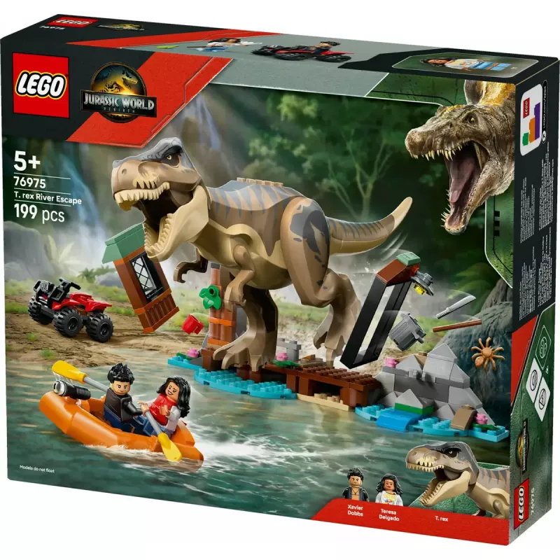 LEGO dinozaurų konstravimo rinkinys T. rex River Escape 76975 — 199 dalių, 2 minifigūrėlės, nuo 5 metų