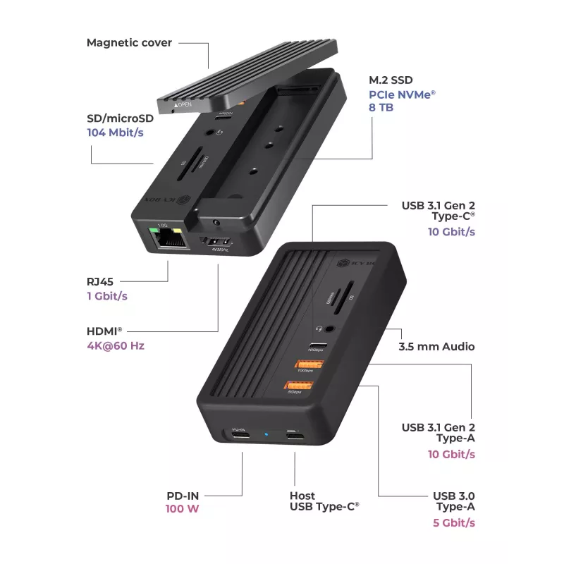 ICY BOX IB-DK4072M-CU31 USB 3.2 Gen 2 (3.1 Gen 1) Type-C juodas