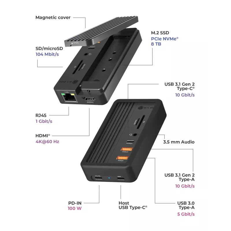 ICY BOX IB-DK4072M-CU31 USB 3.2 Gen 2 (3.1 Gen 1) Type-C juodas