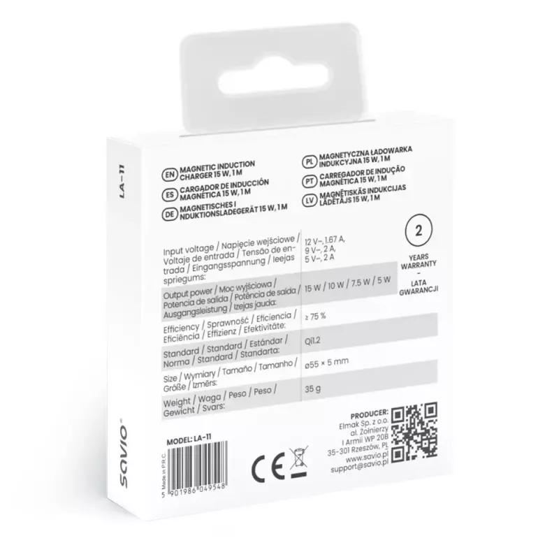 Belaidis indukcinis kroviklis SAVIO LA-11, Qi 1.2, 15 W, baltas, 55×55×5 mm