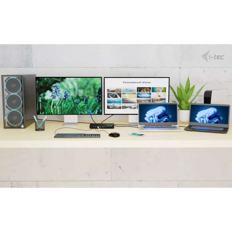 ITEC i-tec USB-C KVM Dock PRO trijų pagrindinių įrenginių, dvigubas vaizdas, 2x Power Delivery (iki 92 W), USB 3.2, 10 Gbps, Gigabit Ethernet