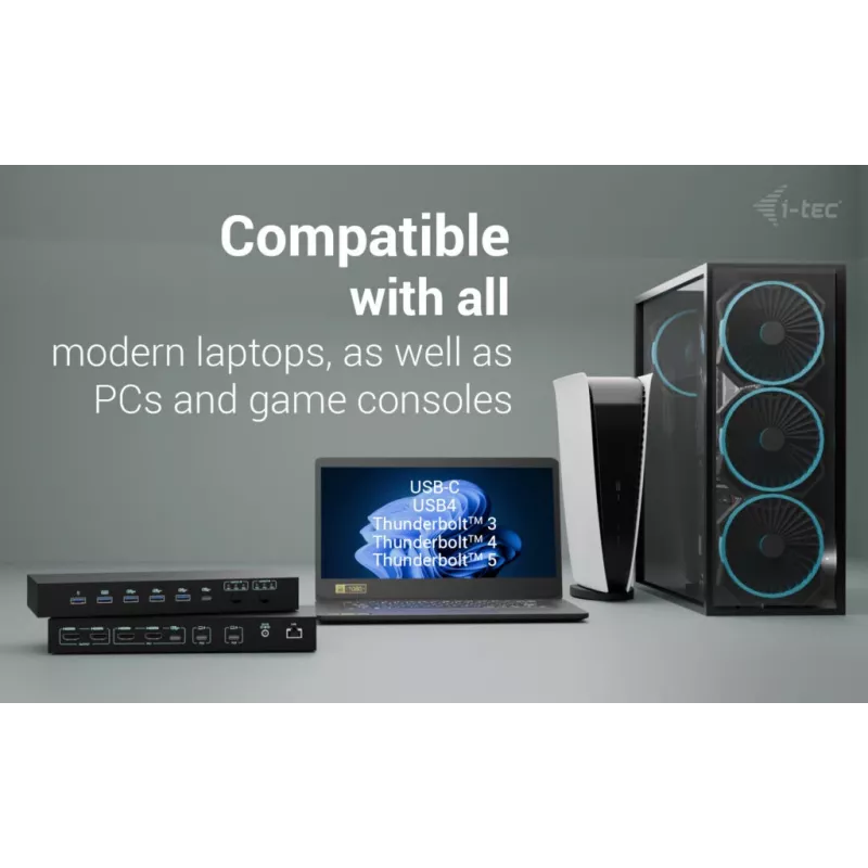 ITEC i-tec USB-C KVM Dock PRO trijų pagrindinių įrenginių, dvigubas vaizdas, 2x Power Delivery (iki 92 W), USB 3.2, 10 Gbps, Gigabit Ethernet