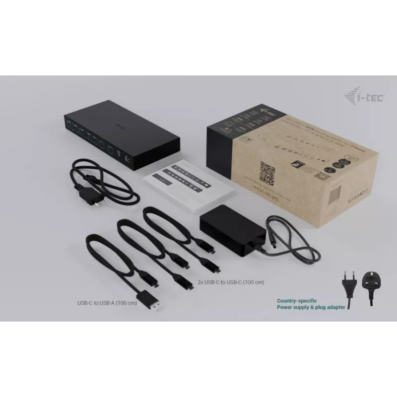 ITEC i-tec USB-C KVM Dock PRO trijų pagrindinių įrenginių, dvigubas vaizdas, 2x Power Delivery (iki 92 W), USB 3.2, 10 Gbps, Gigabit Ethernet
