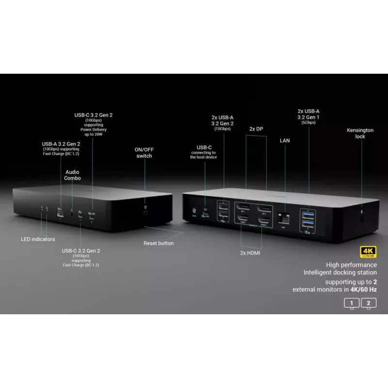 Docking stotelė i-tec CAINTGDUAL4KDOCPD Dual Display Power Delivery 100W