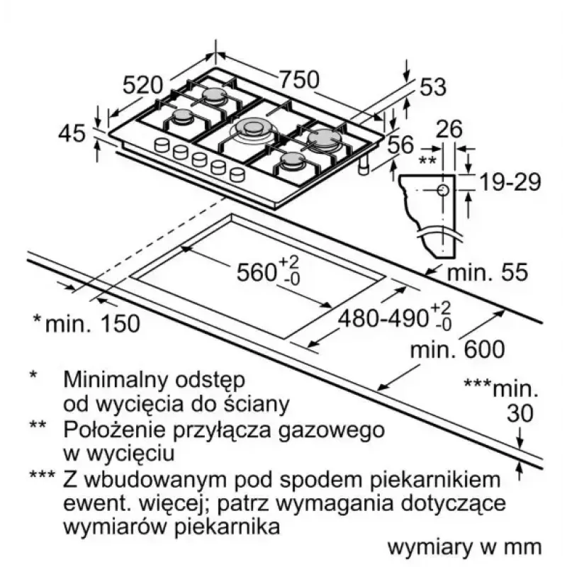 Bosch Serie 6 PCQ7A5I90 dujinė kaitlentė nerūdijančio plieno įmontuojama 75 cm 5 zonos