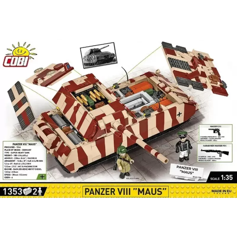 Cobi konstravimo blokeliai Panzer VIII Maus modelio rinkinys 1:35 COBI-3138, detali karinės transporto priemonės replika