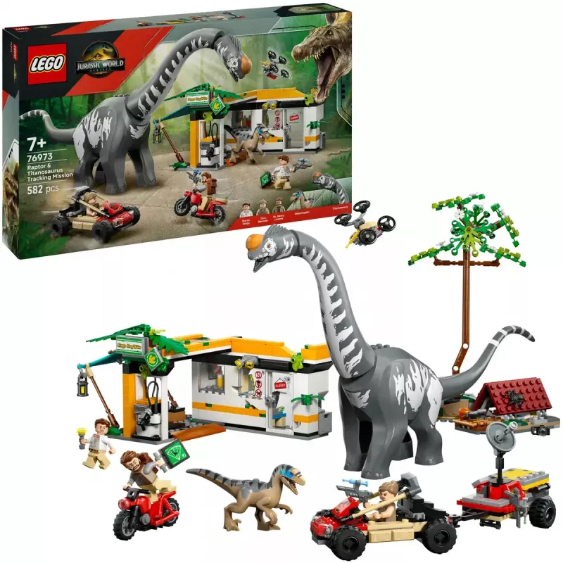 LEGO Jurassic World rinkinys 76973 — Raptorius ir Titanozauras su 3 figūrėlėmis, 582 dalys, nuo 7 metų