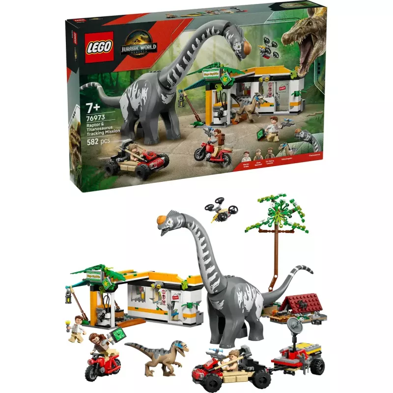 LEGO Jurassic World rinkinys 76973 — Raptorius ir Titanozauras su 3 figūrėlėmis, 582 dalys, nuo 7 metų