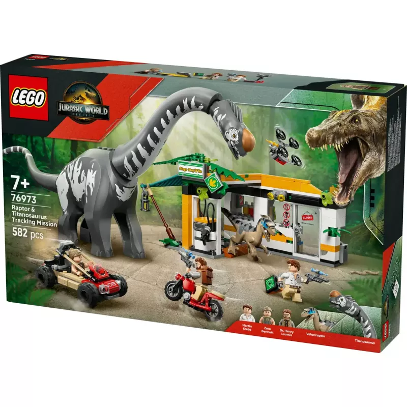 LEGO Jurassic World rinkinys 76973 — Raptorius ir Titanozauras su 3 figūrėlėmis, 582 dalys, nuo 7 metų