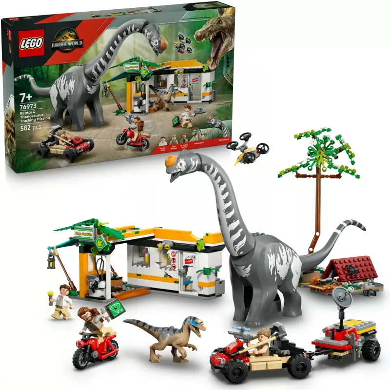 LEGO Jurassic World rinkinys 76973 — Raptorius ir Titanozauras su 3 figūrėlėmis, 582 dalys, nuo 7 metų