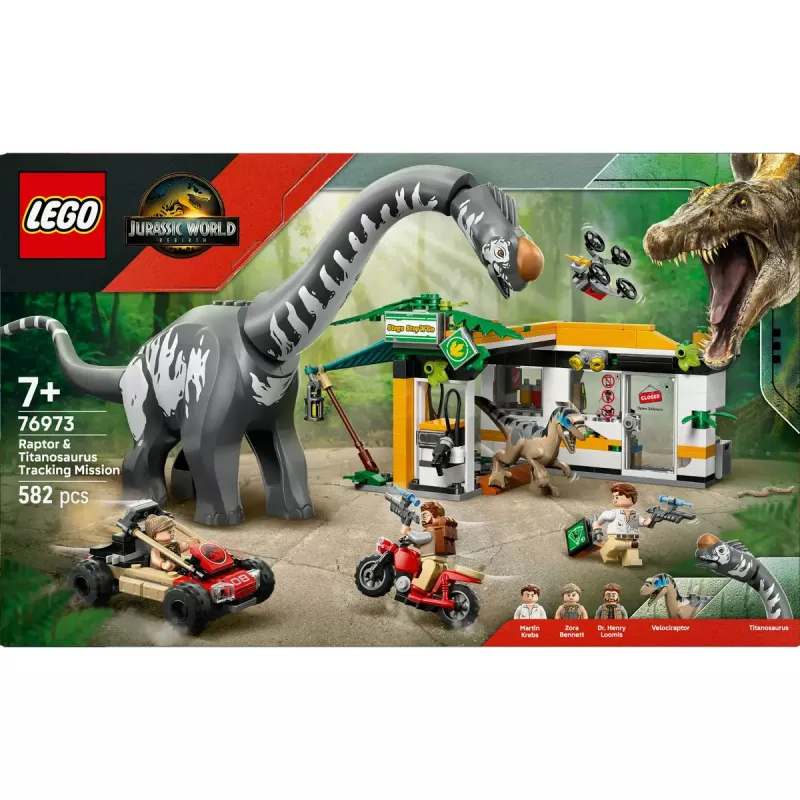 LEGO Jurassic World rinkinys 76973 — Raptorius ir Titanozauras su 3 figūrėlėmis, 582 dalys, nuo 7 metų
