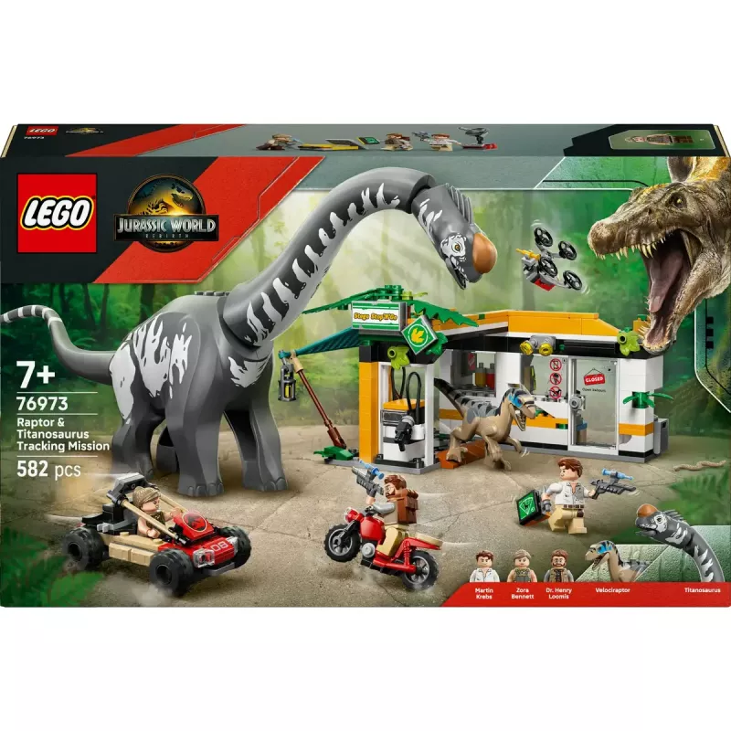 LEGO Jurassic World rinkinys 76973 — Raptorius ir Titanozauras su 3 figūrėlėmis, 582 dalys, nuo 7 metų