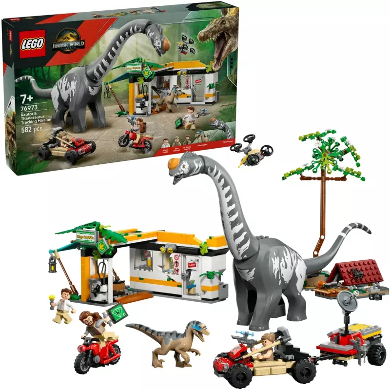 LEGO Jurassic World rinkinys 76973 — Raptorius ir Titanozauras su 3 figūrėlėmis, 582 dalys, nuo 7 metų