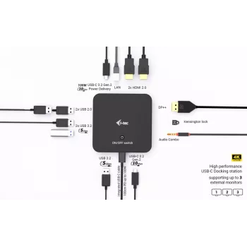 i-tec USB-C DP Dual HDMI dokavimo stotelė su 100 W galios tiekimu ir 100 W įkrovikliu