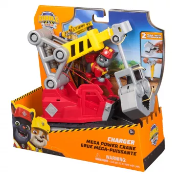 Krano sunkvežimis Spin Master Rubble & Crew Charger Mega Power Crane su Charger figūrėle, 2 nuimamais įrankiais, plastikinis, nuo 3 metų
