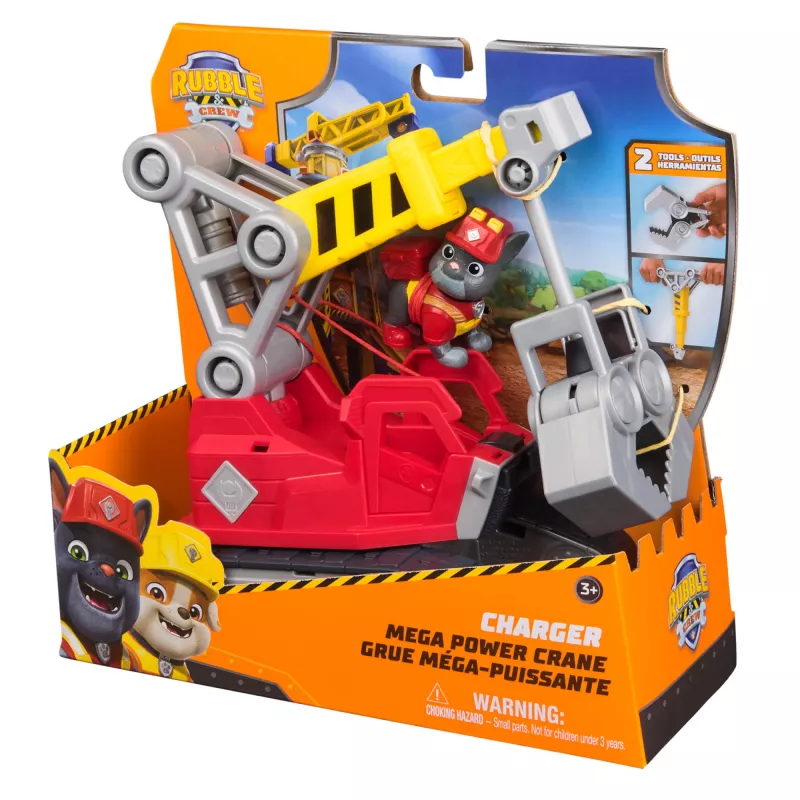 Krano sunkvežimis Spin Master Rubble & Crew Charger Mega Power Crane su Charger figūrėle, 2 nuimamais įrankiais, plastikinis, nuo 3 metų