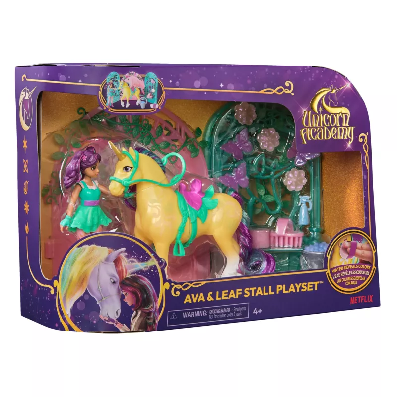 Unicorn Academy, Ava lėlė ir besikeičiančios spalvos Leaf arklidžių žaidimų rinkinys, Velykų dovanų idėja, 15 aksesuarų, lėlės ir vienaragiai mergaitėms nuo 4 metų