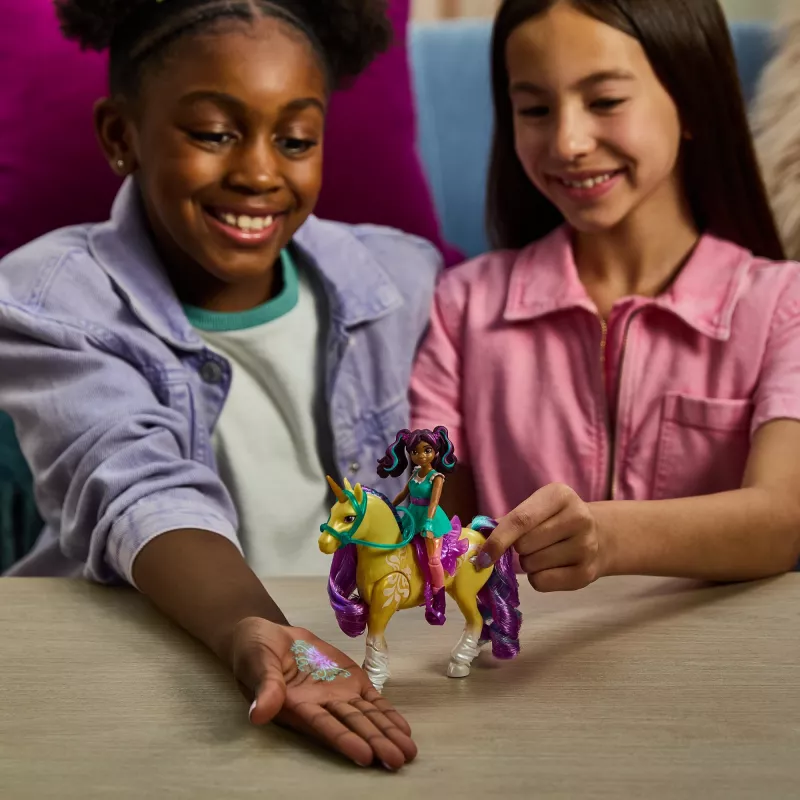 Unicorn Academy, Ava ir Augalinės magijos lapas su šviesos efektu, 2 jojimo aksesuarai, lėlės ir vienaragiai mergaitėms nuo 4 metų