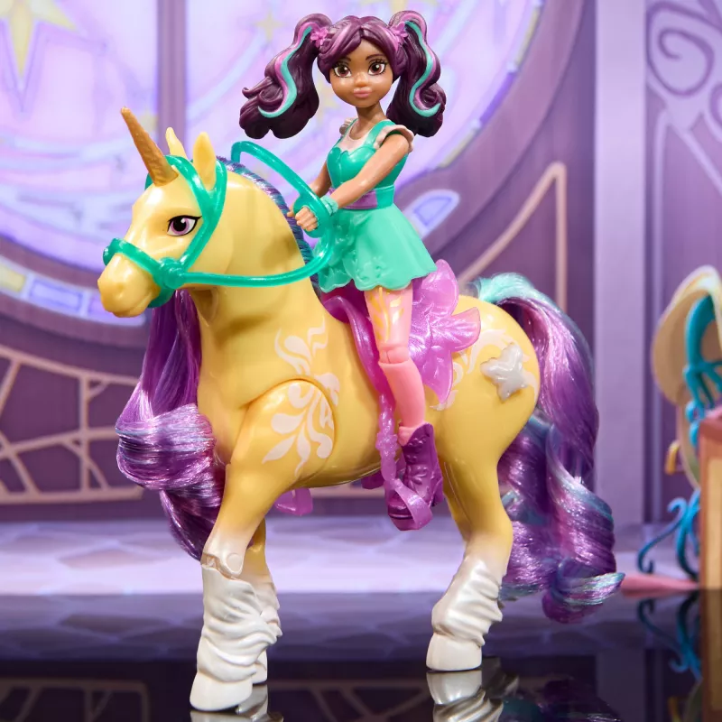 Unicorn Academy, Ava ir Augalinės magijos lapas su šviesos efektu, 2 jojimo aksesuarai, lėlės ir vienaragiai mergaitėms nuo 4 metų