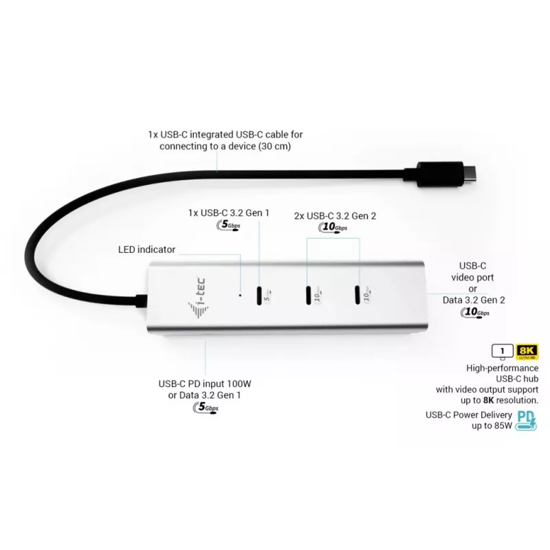 i-tec Metal USB-C įkrovimo stotelė 5 prievadai su USB-C vaizdo 8K + Power Delivery 85W