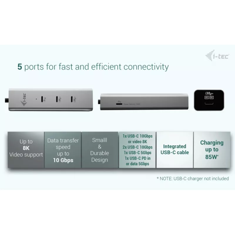 i-tec Metal USB-C įkrovimo stotelė 5 prievadai su USB-C vaizdo 8K + Power Delivery 85W