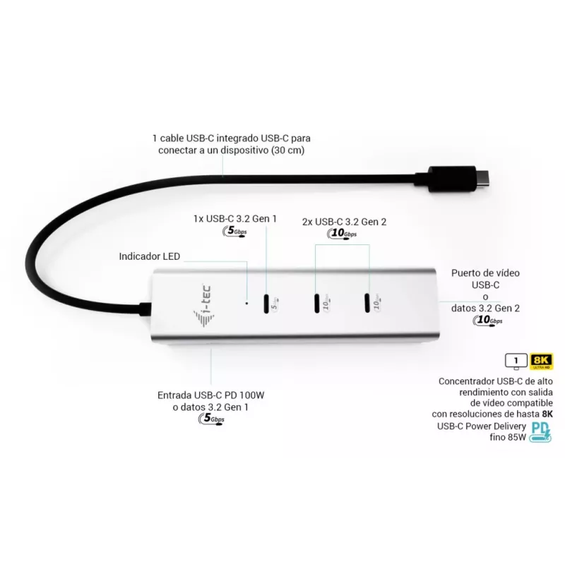 i-tec Metal USB-C įkrovimo stotelė 5 prievadai su USB-C vaizdo 8K + Power Delivery 85W