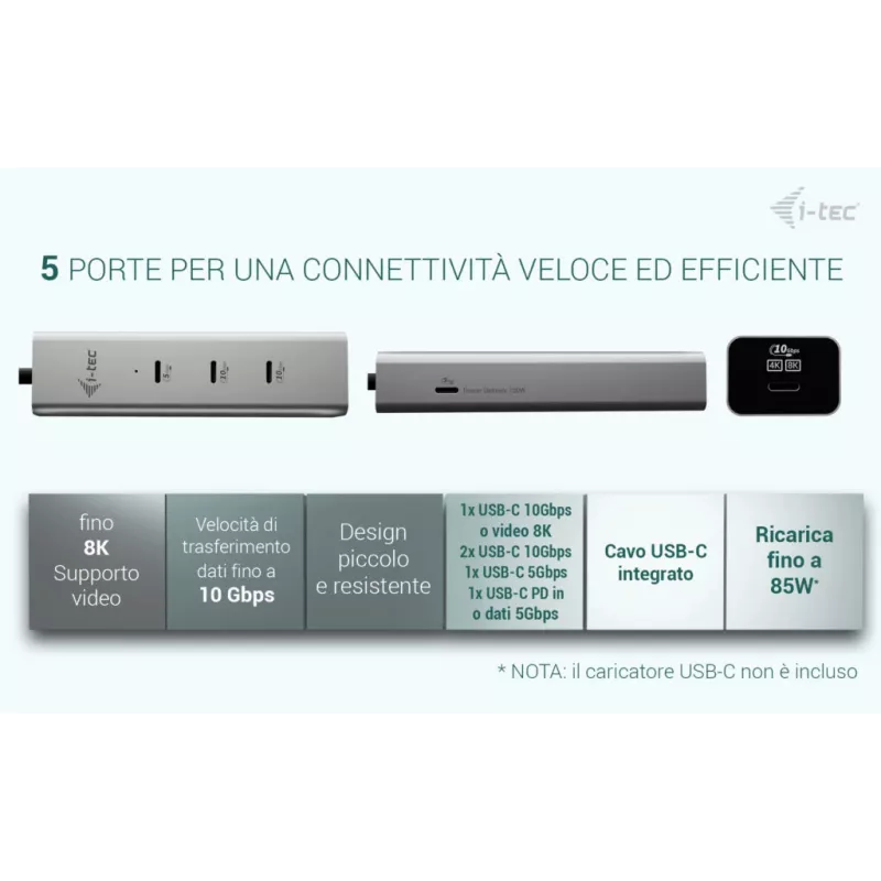 i-tec Metal USB-C įkrovimo stotelė 5 prievadai su USB-C vaizdo 8K + Power Delivery 85W