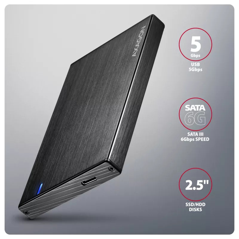 AXAGON EE25-XA6C Aliumininis USB-C 5Gbps – SATA 6G išorinis dėklas 2,5 colio SSD/HDD