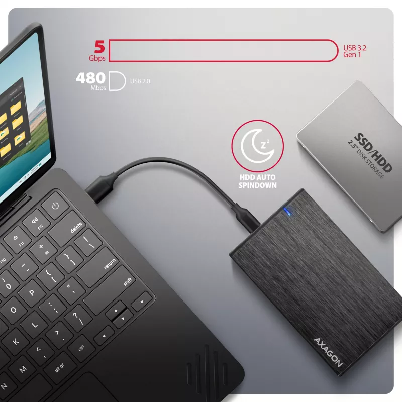 AXAGON EE25-XA6C Aliumininis USB-C 5Gbps – SATA 6G išorinis dėklas 2,5 colio SSD/HDD