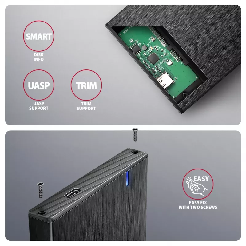 AXAGON EE25-XA6C Aliumininis USB-C 5Gbps – SATA 6G išorinis dėklas 2,5 colio SSD/HDD