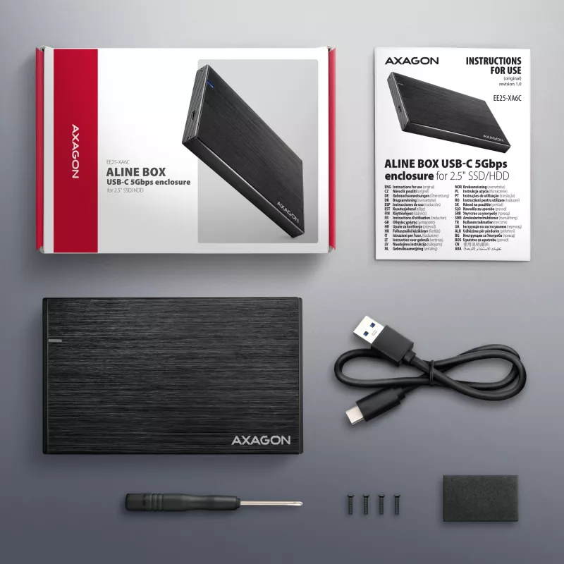 AXAGON EE25-XA6C Aliumininis USB-C 5Gbps – SATA 6G išorinis dėklas 2,5 colio SSD/HDD