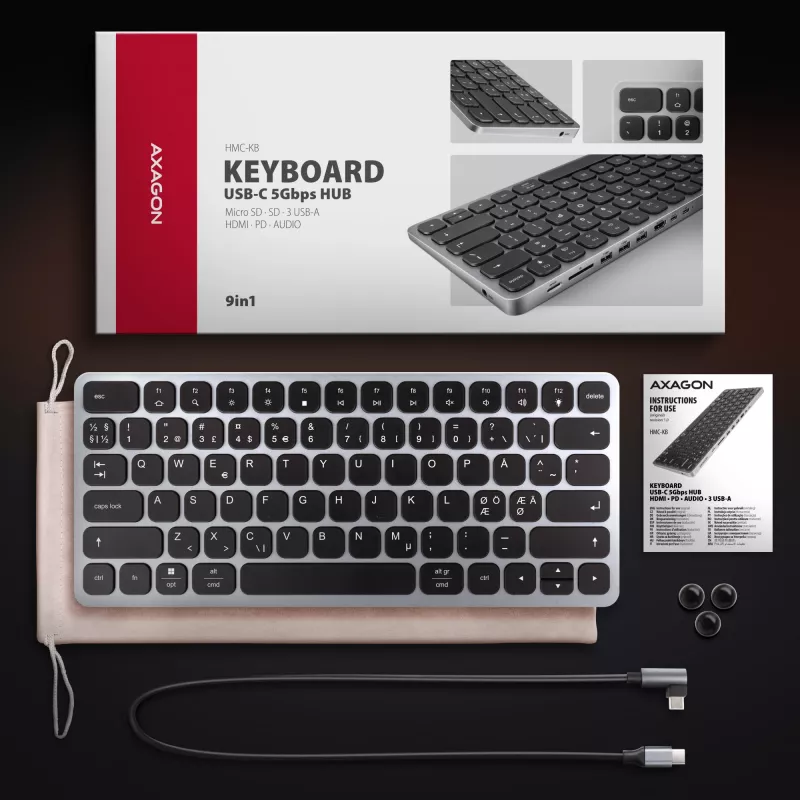 Axagon HMC-KB-NRD, USB 5Gbps centrinė stotelė su klaviatūra, HDMI 4K/60Hz, 3x USB-A, SD/mSD, garsas, PD100, Nordijos išdėstymas