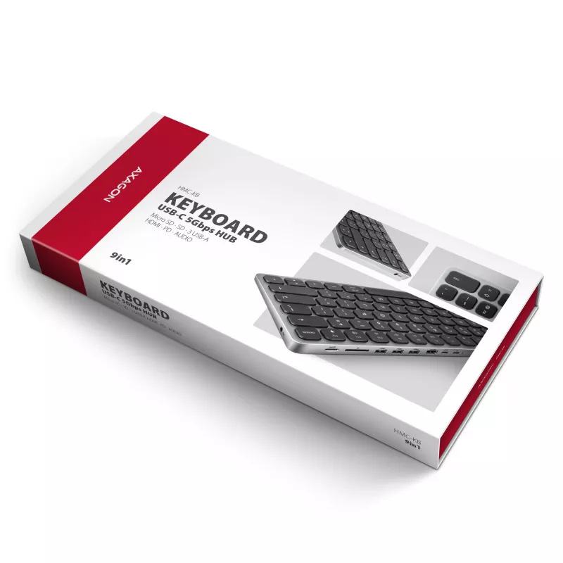 Axagon HMC-KB-NRD, USB 5Gbps centrinė stotelė su klaviatūra, HDMI 4K/60Hz, 3x USB-A, SD/mSD, garsas, PD100, Nordijos išdėstymas