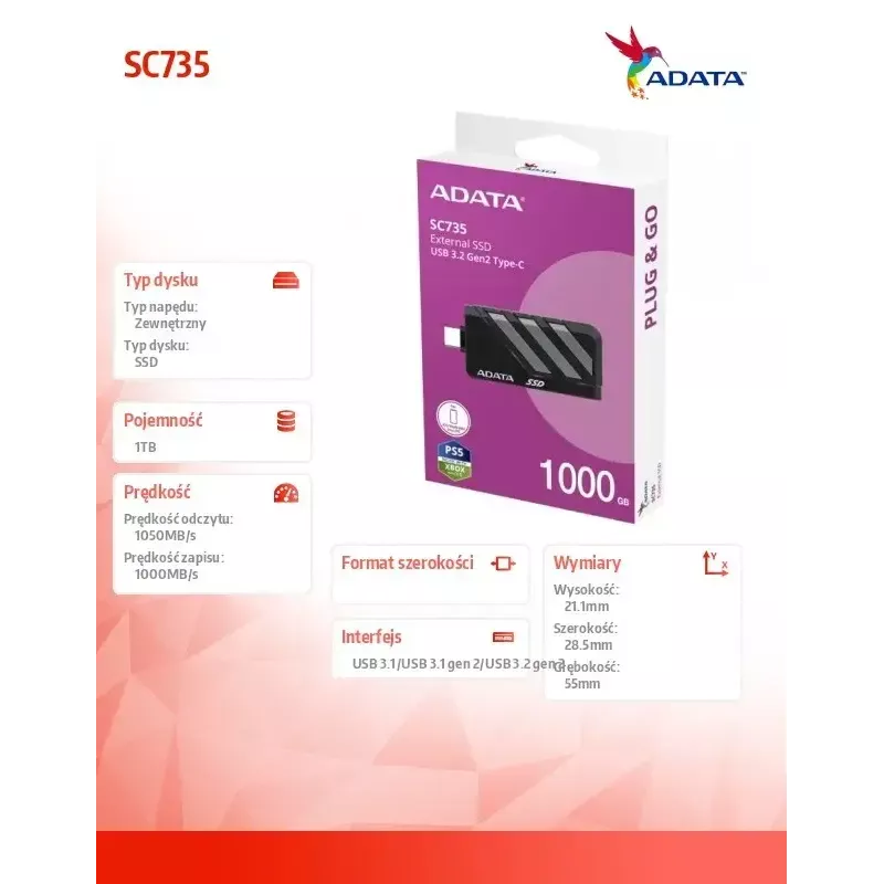ADATA SC735 1TB išorinis SSD diskas 2,5 colio U3.2C