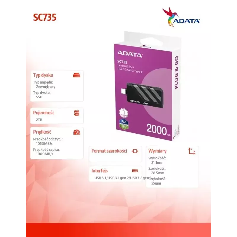 Išorinis SSD diskas ADATA SC735 2TB USB 3.2 pilkas