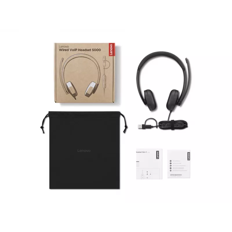 Lenovo VoIP Headset 5000 laidinis ausinių komplektas biurui ir skambučių centrams, USB-C, juoda