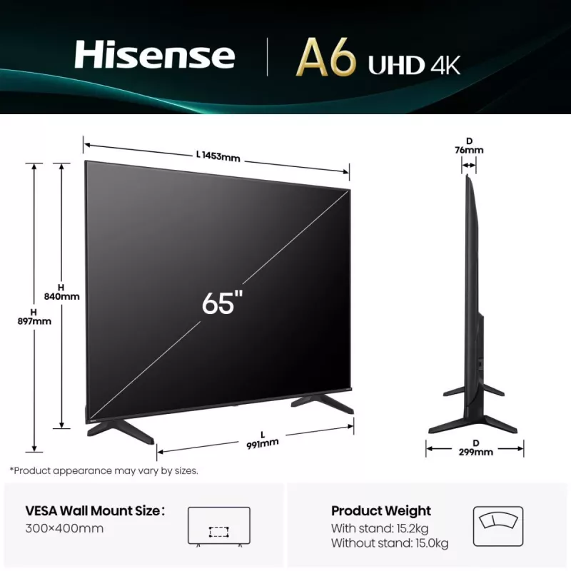 Televizorius Hisense 65A6Q 165,1 cm (65 inch) 4K Ultra HD Smart TV Wi-Fi Juodas 330 cd/m²