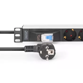 DIGITUS PDU - 1U aliuminio stovo lizdų juosta 7x saugos lizdai 16A 4000W 250VAC 50/60Hz 1x grandinės pertraukiklis